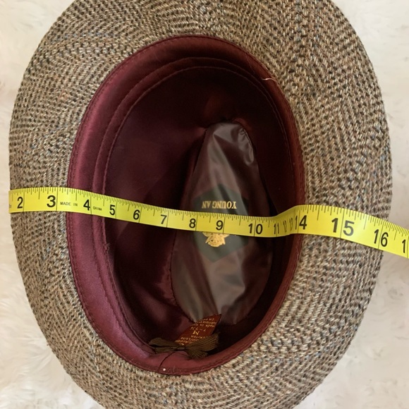 YOUNG AN brown herringbone wool blend Vintage mens Fedora Size 7- 7 1/8 VVGUC++ - Picture 9 of 11